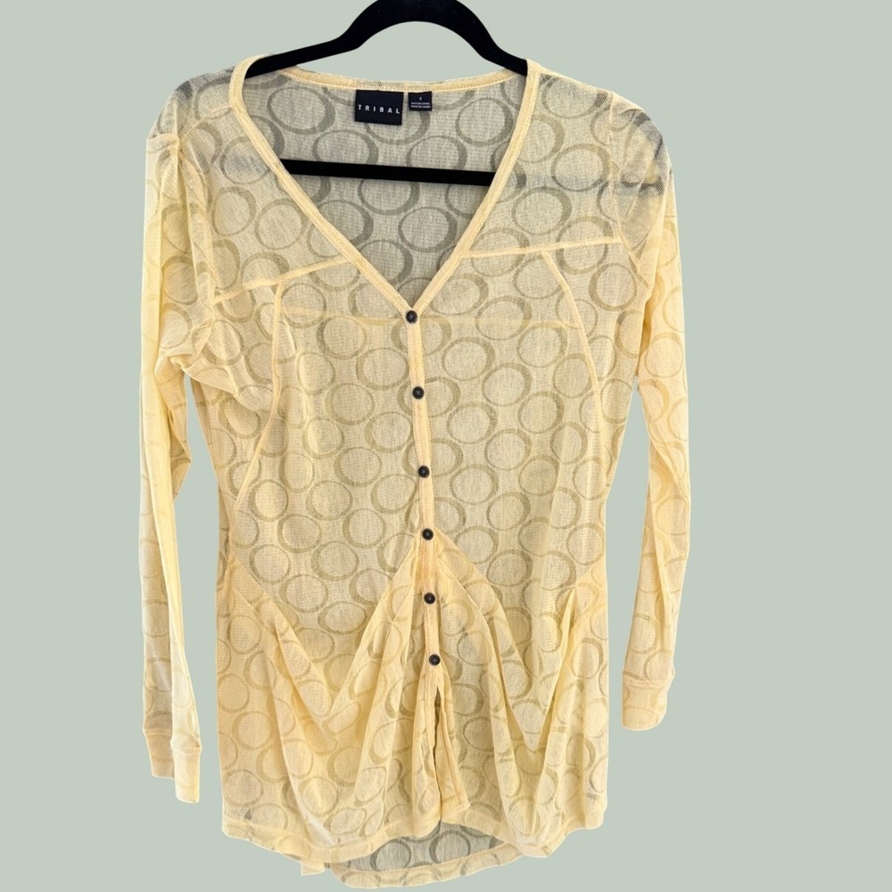 Tribal‎ Womens Pale Yellow Burnout Circle Mesh Sheer Button Cardigan Coquette S
